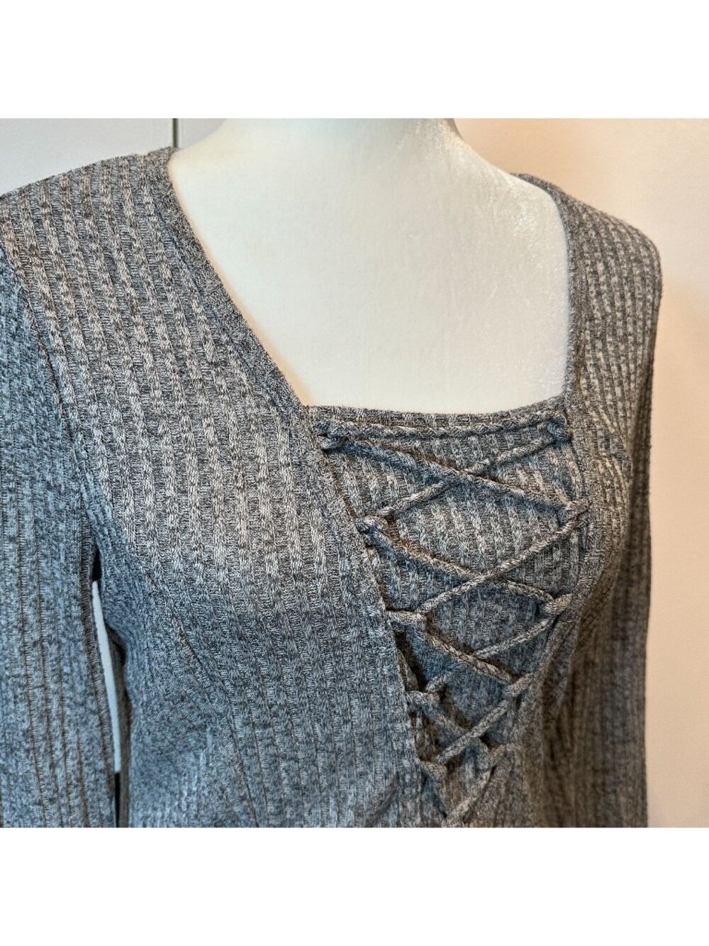 Self Esteem Gray Ribbed Long-Sleeve Top With Lace-Up Front Detail Large